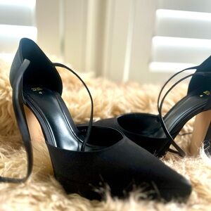 Women's Black Pointed Toe High Heel Pumps with Ankle Strap